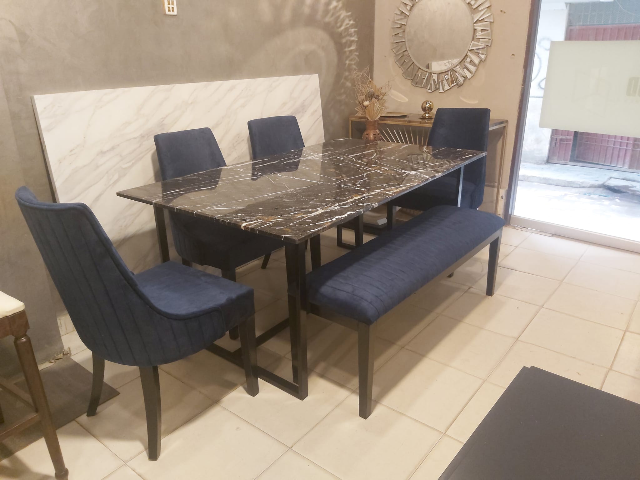 Marble Top Dining Table With Four Chairs With Bench Design.