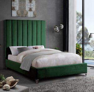 Queen Size Fabric Bed With Crown Shape Head Board Design.