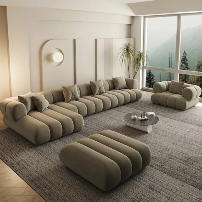 Luxury Design L-shape Sofa With Modern Lining Strips Cushion theme.