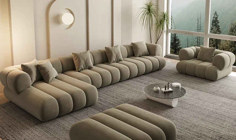 Luxury Design L-shape Sofa With Modern Lining Strips Cushion theme.