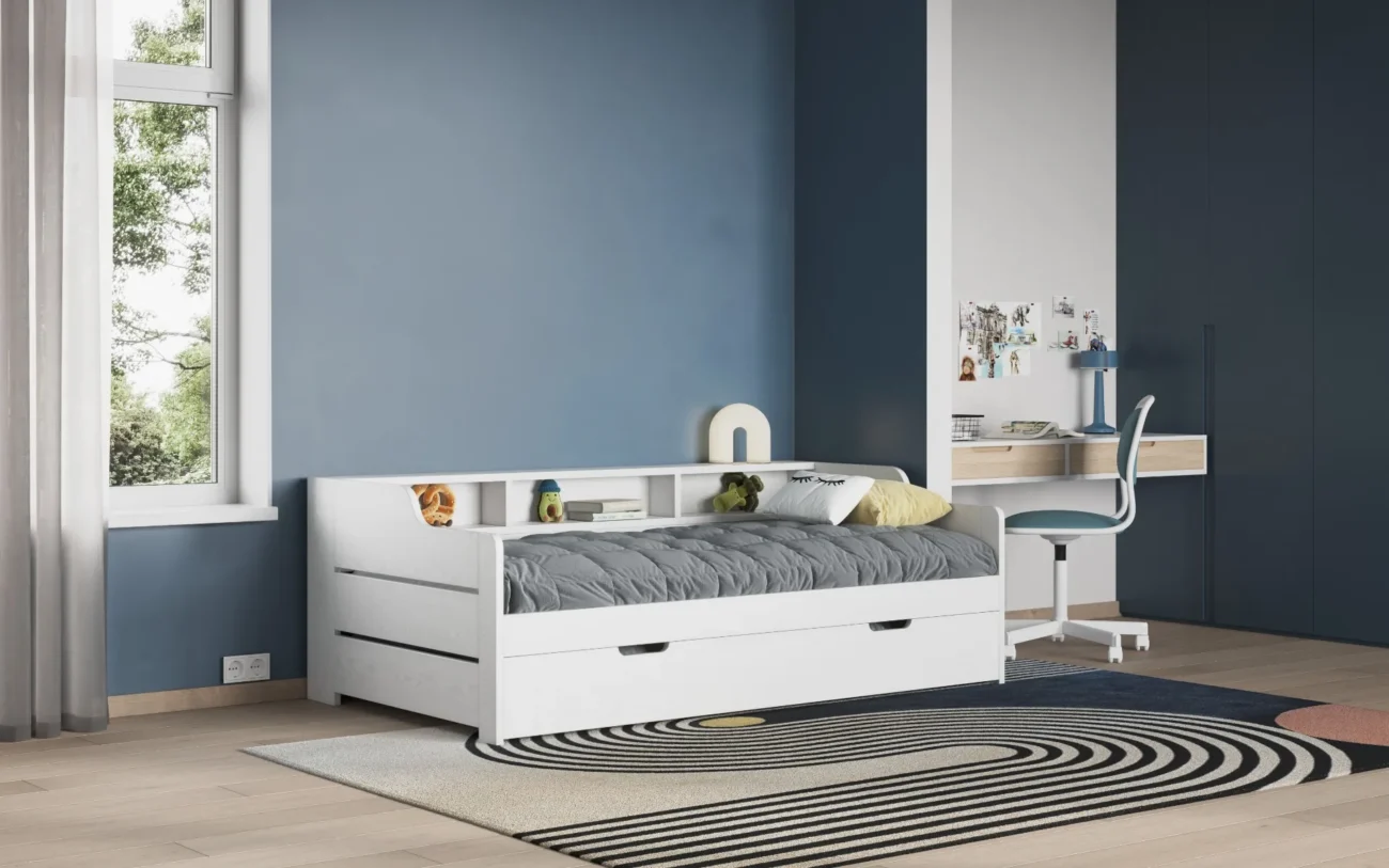 Beautiful Single Twin Bed With Storage & Side Board Shelf theme.