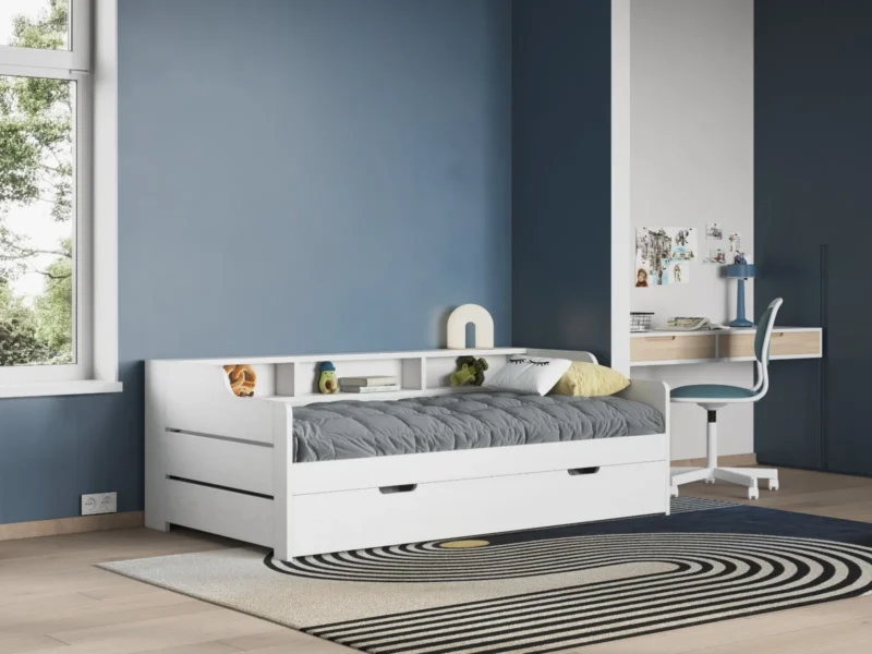 Beautiful Single Twin Bed With Storage & Side Board Shelf theme.