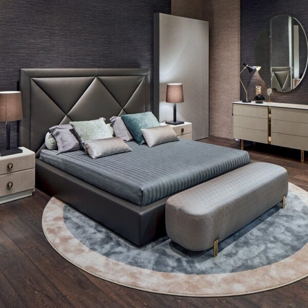 Latest Luxury Fabric Beds Design With Modern Side Table Dresser.