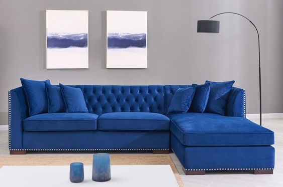 Beautiful Royal Blue Right Corner Sofa with Tufted Back Cushion.
