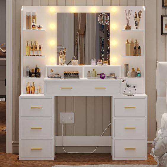 Modern Vanity Design With Drawer Side Shelf With Beautiful Color.