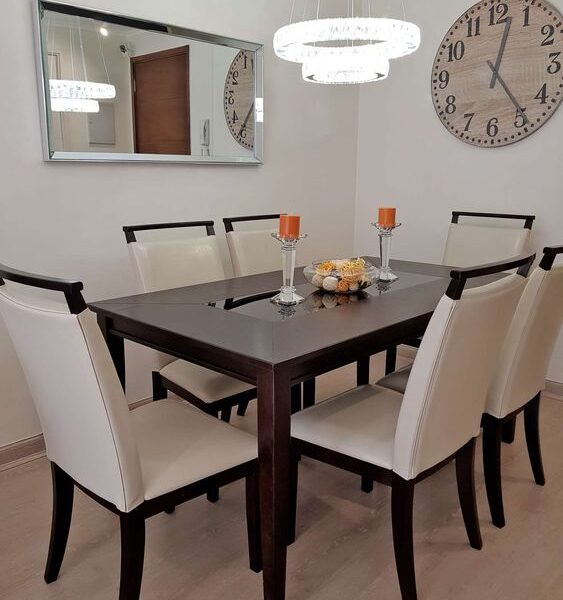 Dining Table Design With Classy Chairs & Elegant Wooden Base.