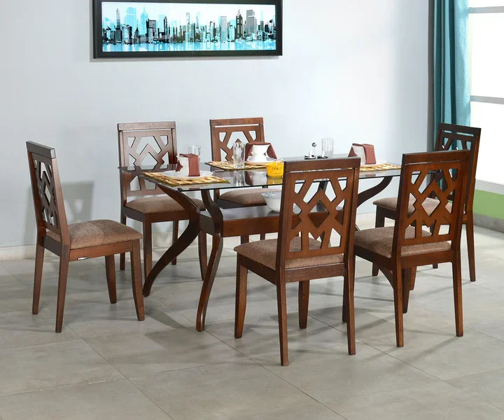 Wooden Dining Table With Mirror Top & Beautiful Wooden Chairs.