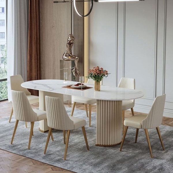 Latest Design Marble Top Dining With Beautiful Lining Strip Base.