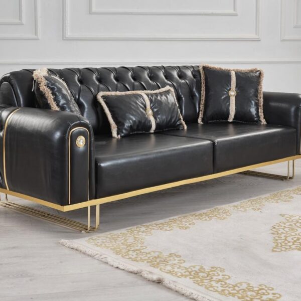 Modern Sofa With Beautiful Black Leather & Golden Metal Base.