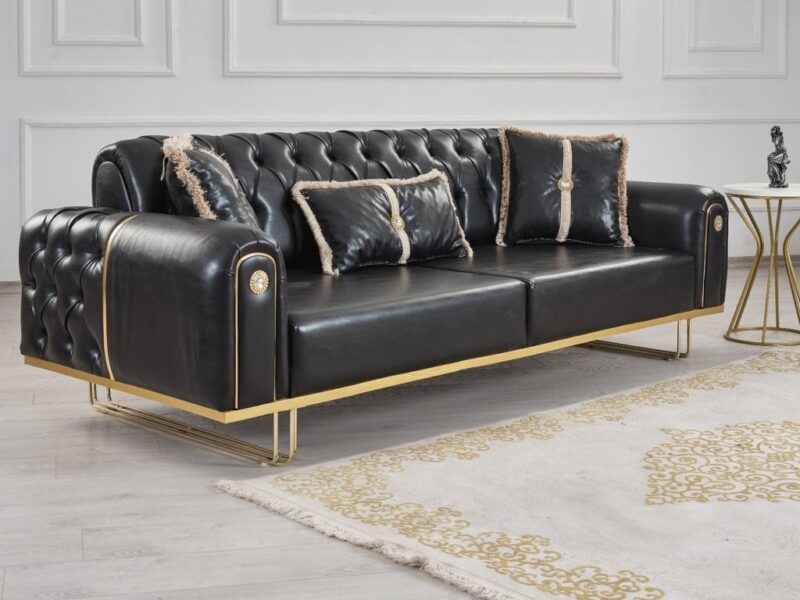 Modern Sofa With Beautiful Black Leather & Golden Metal Base.