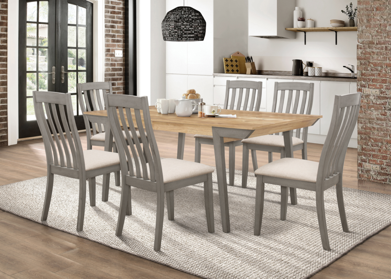 Beautiful Wooden Dining Table With Gray Chairs & Walnut Top.