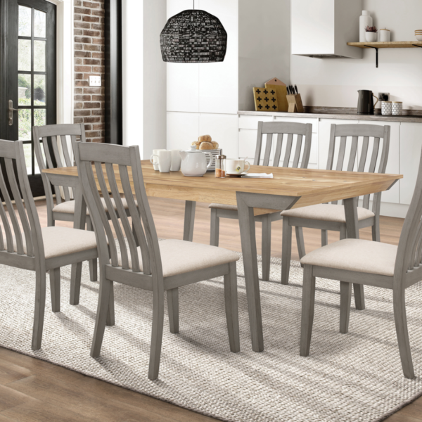 Beautiful Wooden Dining Table With Gray Chairs & Walnut Top.