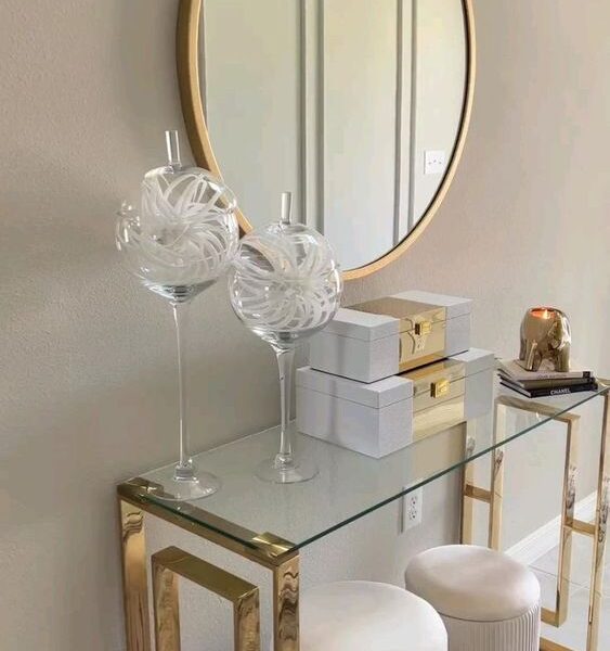 Steel Base Console With Glass Top Beautiful Round Mirror Frame.